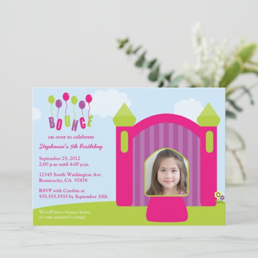 おもしろいの跳ね上がりの家の誕生会の写真の招待 招待状 (スタンド正面)