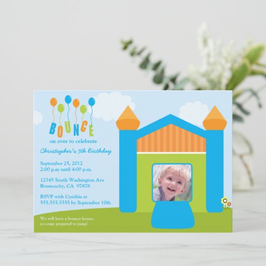 おもしろいの跳ね上がりの家の誕生会の写真の招待 招待状 (スタンド正面)
