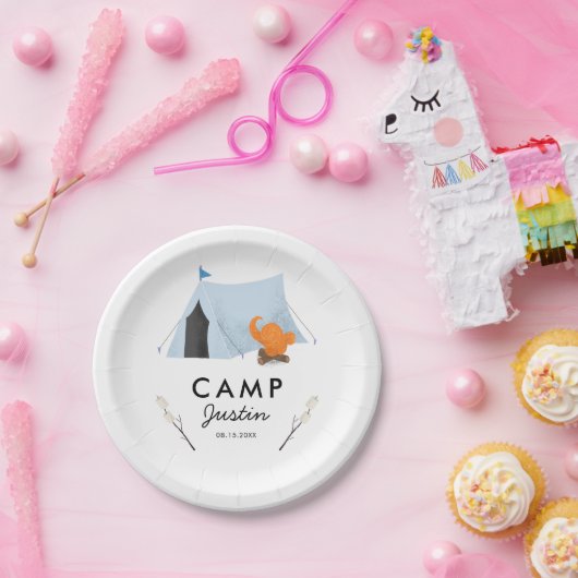 おもしろいの青いテントのキャンプの誕生会 ペーパープレート (パーティー)