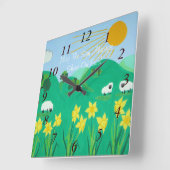 おもしろいの風光明媚なイラストレーションかわいい羊 スクエア壁時計 (傾斜)