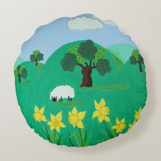 おもしろいの風光明媚なイラストレーションかわいい羊 ラウンドクッション (裏面)