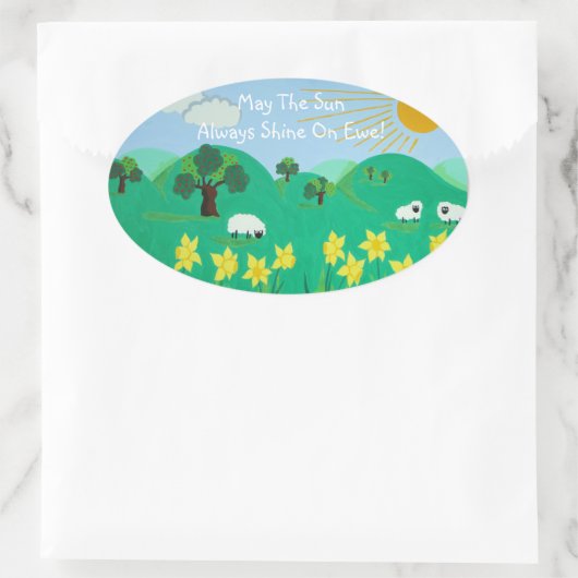 おもしろいの風光明媚なイラストレーションかわいい羊 楕円形シール (バッグ)