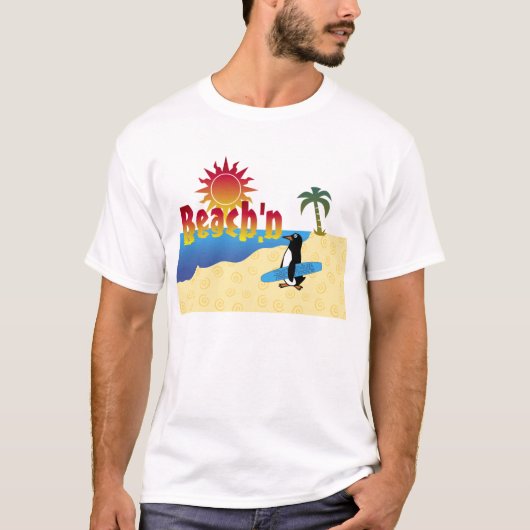 おもしろいのBeach'nのペンギンのサーフボード Tシャツ (正面)