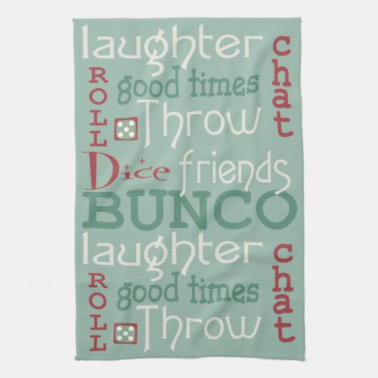 おもしろいのBuncoのサイコロの友人の休日の緑及び赤 キッチンタオル (縦)