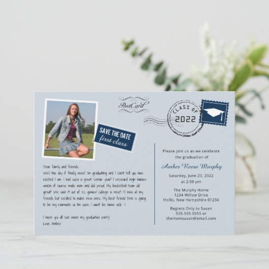 おもしろいはがきスタイル卒業パーティー招待状 セーブザデート (スタンド正面)