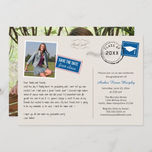 おもしろいはがきスタイル卒業パーティー招待状 セーブザデート (正面/裏面)