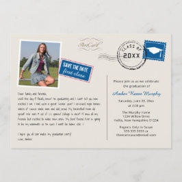 おもしろいはがきスタイル卒業パーティー招待状 セーブザデート