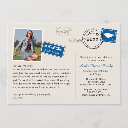 おもしろいはがきスタイル卒業パーティー招待状 セーブザデート (正面)