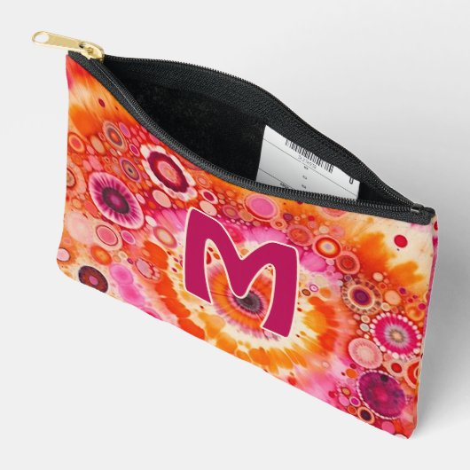 おもしろいはっきりしたオレンジホットピンクろうけつ染めサークルのアートパターン アクセサリーポーチ (見開き)