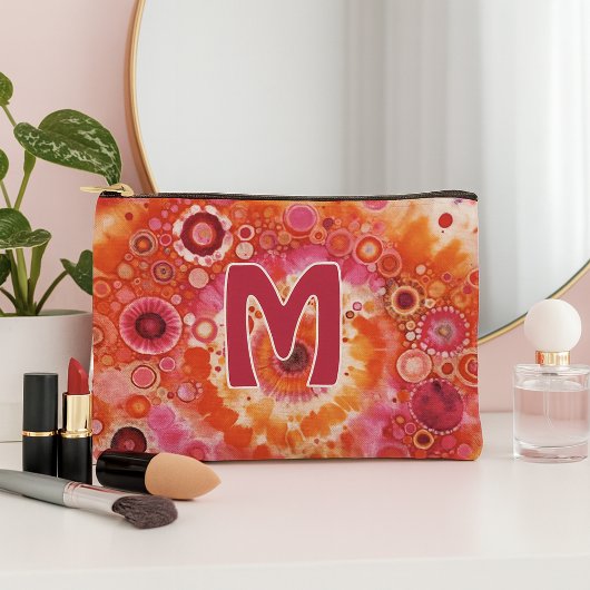 おもしろいはっきりしたオレンジホットピンクろうけつ染めサークルのアートパターン アクセサリーポーチ