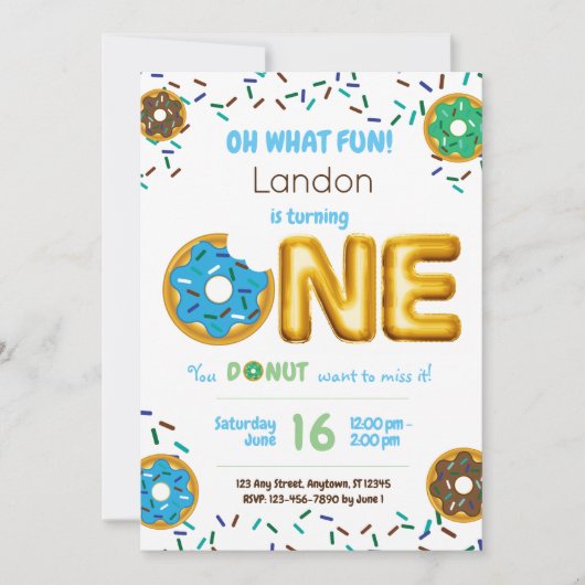 おもしろいはドーナツドーナツ男の子の第1誕生日を振りかけます 招待状 (正面)