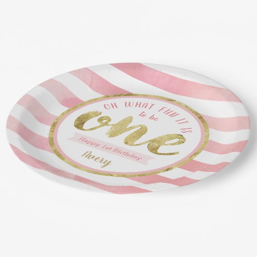 おもしろいはワンピンクと金ゴールドの最初の誕生日パーティー ペーパープレート (アングル)