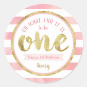 おもしろいはワンピンクと金ゴールドの最初の誕生日パーティー ラウンドシール (正面)