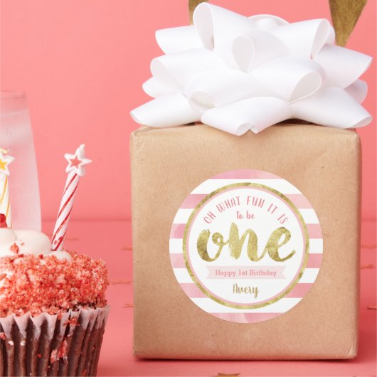 おもしろいはワンピンクと金ゴールドの最初の誕生日パーティー ラウンドシール (パーティー)