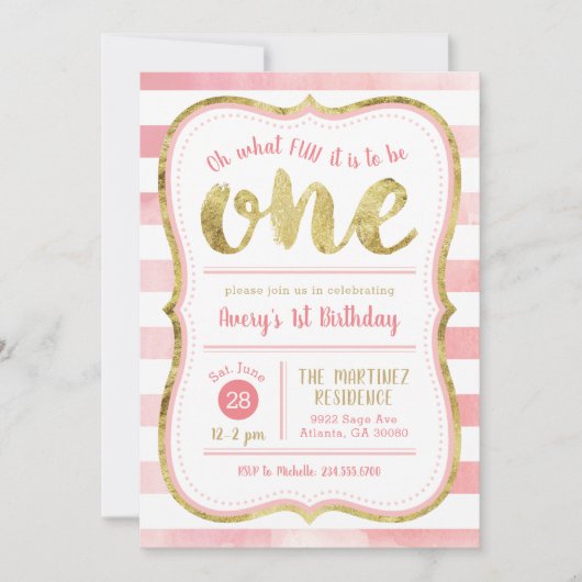 おもしろいはワンピンクと金ゴールドの最初の誕生日パーティー 招待状 (正面)