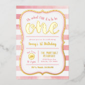 おもしろいはワンピンクと金ゴールドの最初の誕生日パーティー 箔招待状 (正面)
