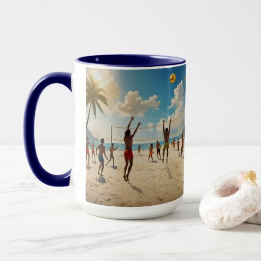 おもしろいは太陽ビーチバレーボール油絵を描、 マグカップ (ドーナツ付き)