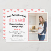 おもしろいは女の子の赤ちゃんシャワーピンクのハート写真 招待状 (正面/裏面)