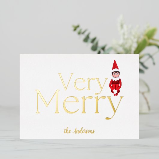 おもしろいは非常に陽気なクリスマス小妖精や小人家族の休日 箔シーズンカード (立ち正面)