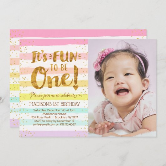 おもしろいは1人の女の子へ1st誕生日レインボーフォト 招待状 (正面/裏面)