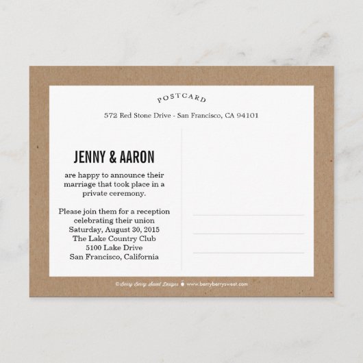 おもしろいよくはしゃぐと結婚発表 – Craft 案内ポストカード (裏面)