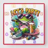 おもしろいを愛するカエルのスケートボーダー祝ー スクエア壁時計 (正面)