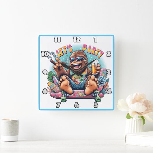 おもしろいを愛す祝るゴリラのスケートボード スクエア壁時計 (ホーム)