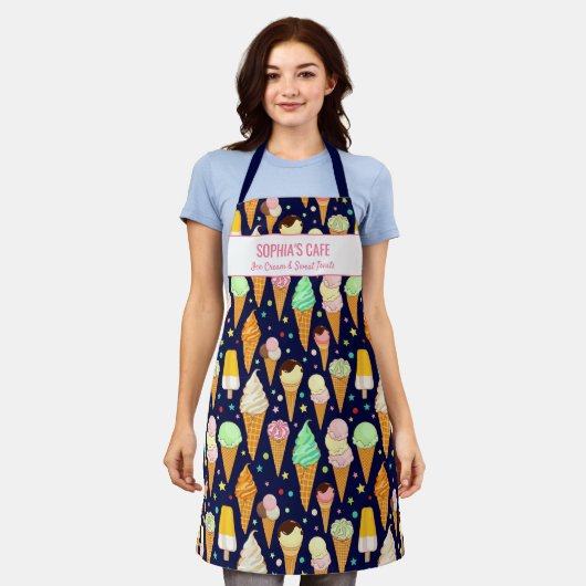 おもしろいアイスクリームコーンパターンキュート名前をカスタムする文字 エプロン (着用した状態)