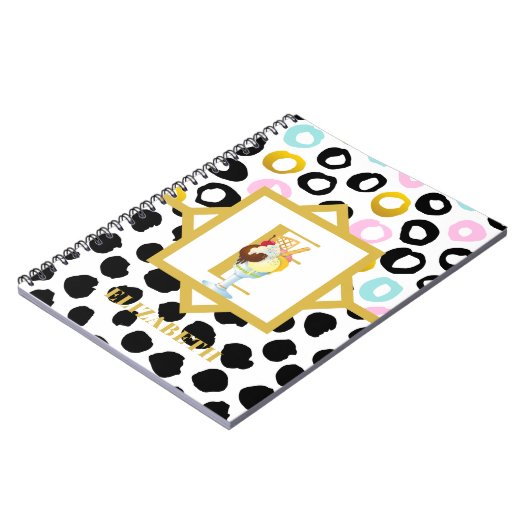 おもしろいアイスクリームサンデーブラックピンクモノグラムガールズ ノートブック (左側)