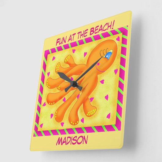 おもしろいアットビーチウィムシータコ黄色名 スクエア壁時計 (傾斜)