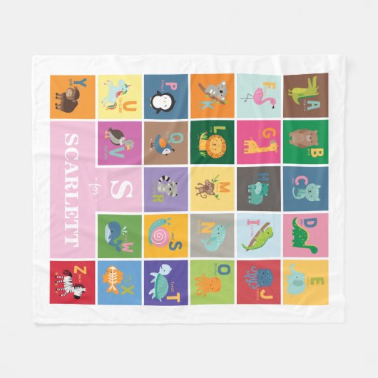 おもしろいアニマルアルファベットキッズルームベビーガール子供部屋 フリースブランケット (正面(横))