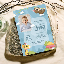 おもしろいアニマルブルー写真付き1歳の誕生日招待状 招待状