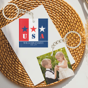 おもしろいアメリカ国旗、アメリカ愛国心、家族の名前写真 キーホルダー