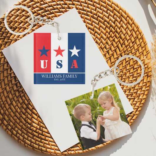 おもしろいアメリカ国旗、アメリカ愛国心、家族の名前写真 キーホルダー