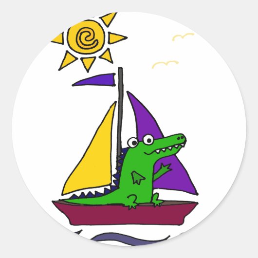 おもしろいアリゲーターオンカラフル帆船 ラウンドシール (正面)