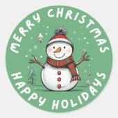 おもしろいアンドよくはしゃぐクリスマスホリデー雪だるま ラウンドシール (正面)