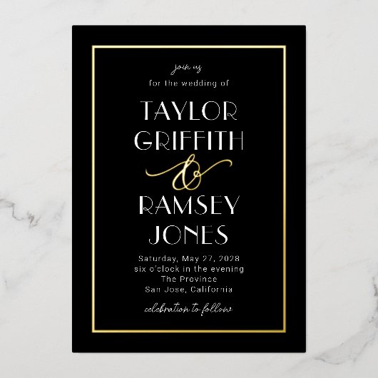 おもしろいアンパサンド箔の編集可能結婚色 箔招待状 (正面)