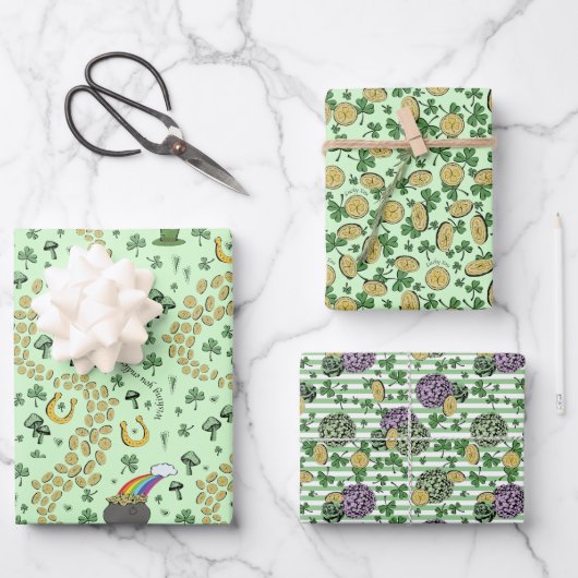 おもしろいアートアイリッシュシャムロックレインボーレプレシャングリーン ラッピングペーパーシート (正面)