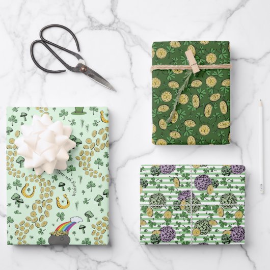 おもしろいアートアイリッシュシャムロックレインボーレプレシャングリーン ラッピングペーパーシート (正面)