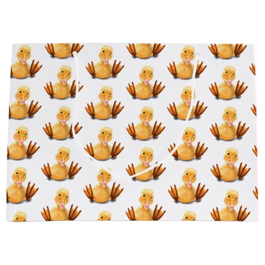 おもしろいイエローダックよくはしゃぐウィンク – ハッピースマイル ラージペーパーバッグ (正面)