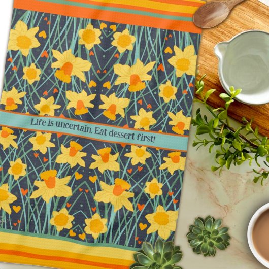 おもしろいイエローダフォジル名前をカスタムする又は引用文 スタイリッシュ キッチンタオル