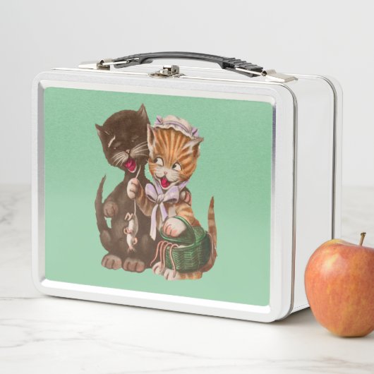 おもしろいイエローレディ与えネコのネズミからオスの茶色の猫 メタルランチボックス (インサイチュ)