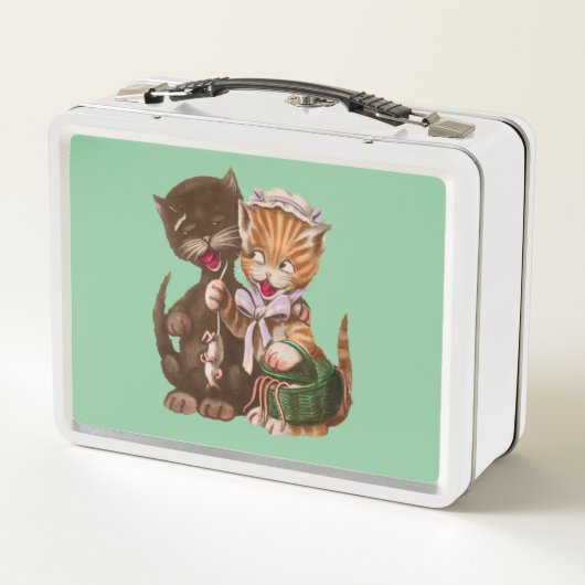 おもしろいイエローレディ与えネコのネズミからオスの茶色の猫 メタルランチボックス (裏面)