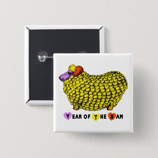 おもしろいイエロ中国のラム年〔占星術の〕十二宮図誕生日SqB 缶バッジ (正面&裏面)