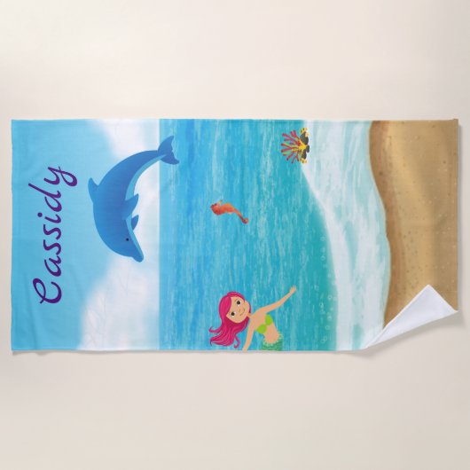 おもしろいインサンマーメイドドルフィンビーチ パーソナライズされた ビーチタオル (正面)