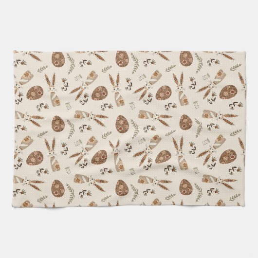 おもしろいイースターバニーと卵のフォークパターン キッチンタオル (横)