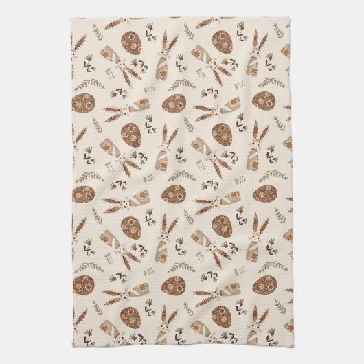 おもしろいイースターバニーと卵のフォークパターン キッチンタオル (縦)