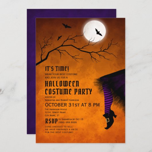 おもしろいウィッチドレスオレンジハロウィンコスチュームパーティー 招待状 (正面/裏面)
