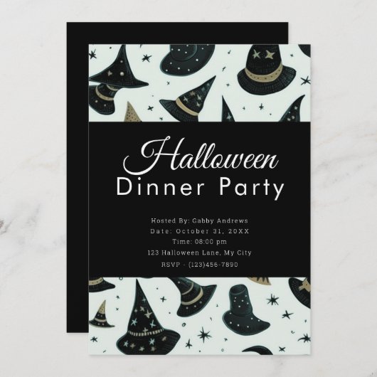 おもしろいウィッチハットブラックハロウィーンディナーパーティー 招待状 (正面/裏面)