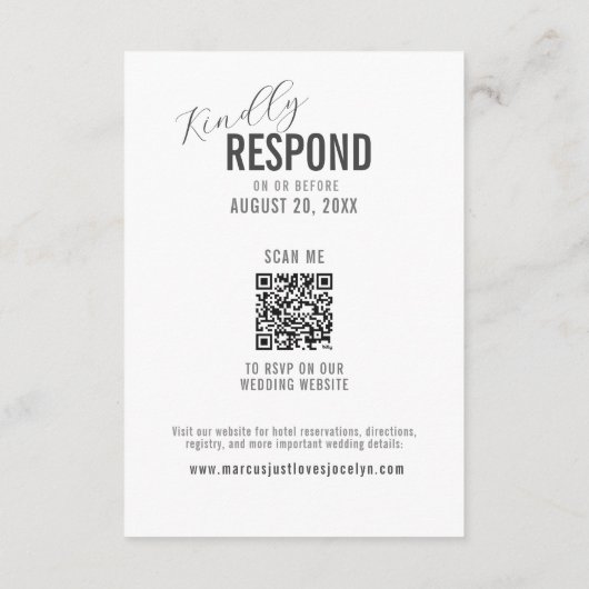 おもしろいウェディングRSVPフォトワードモダンQRコード エンクロージャーカード (裏面)